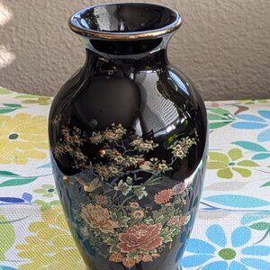6" Japanese Black Porcelain Vase with Floral Design